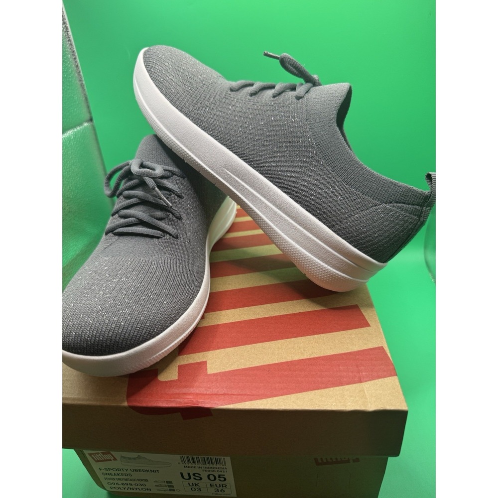FitFlop Womens F-Sporty Uberknit Comfort Sneaker Stretchy Gray/Metallic Pewter